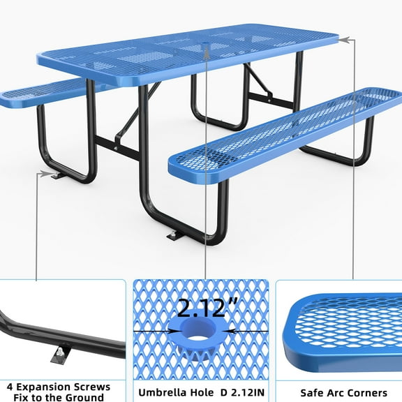 Blue 72" Expanded Metal Picnic Table - Heavy Duty Steel Construction, Umbrella Hole, Weather-, Bench Supports 880lbs, 1100lbs, Versatile For Outdoor Use In Patio, , Garden, Easy Assembly 15 Minutes