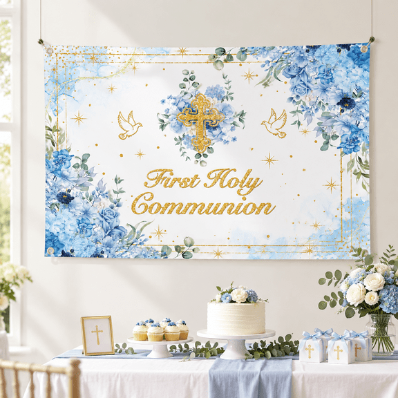 Blue 7x5ft First Holy Communion Vinyl Photo Studio Backdrop Banner
