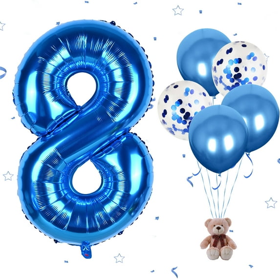 Blue 8 Balloons, Number 8 Balloons, 40Inch 8th Birthday Balloons Helium Mylar Digital Balloon Foil Balloon with Metallic Balloons Confetti Balloon for Boys Girls Birthday Party Anniversary Decorations