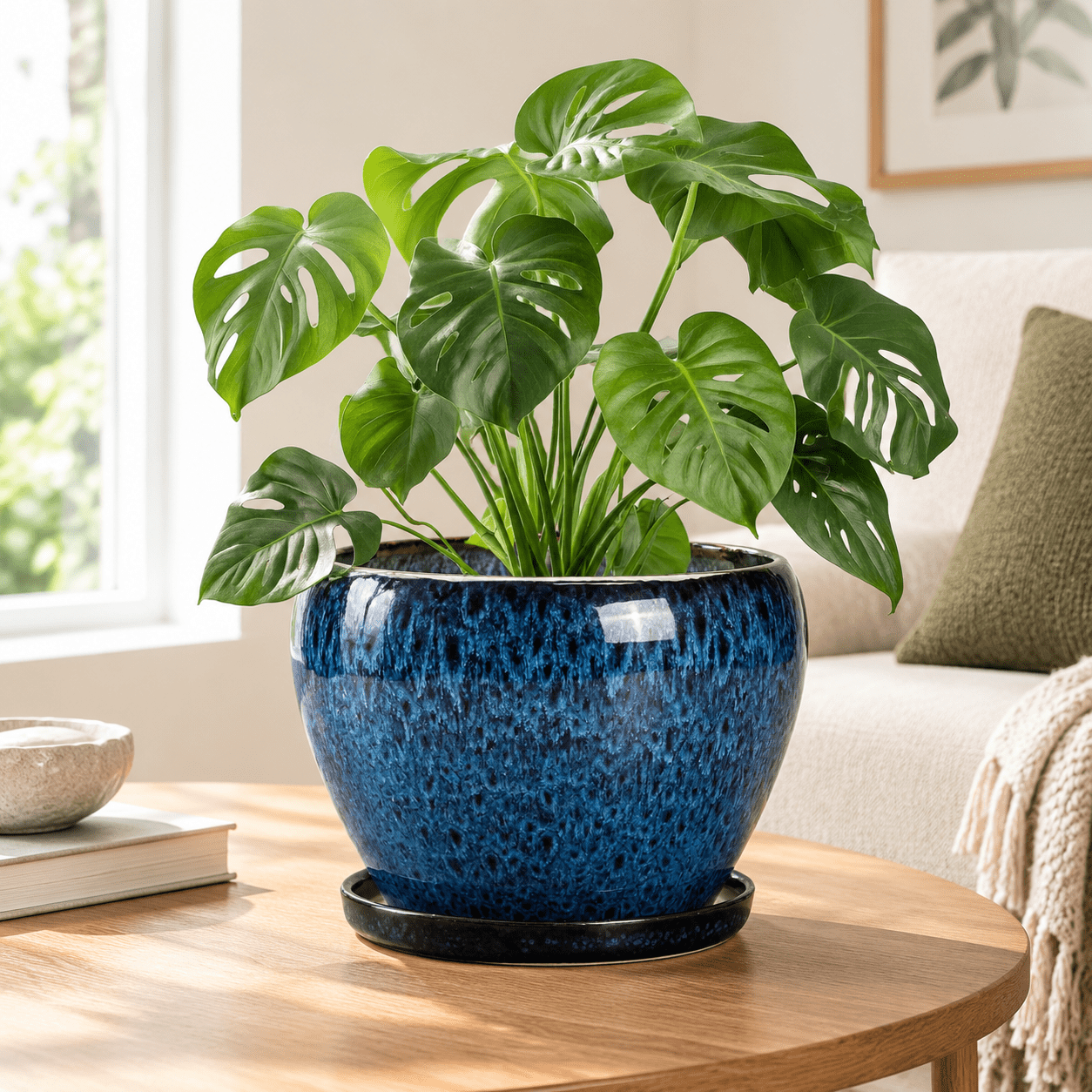 Blue 8 Inch Ceramic Plant Pot with Drainhole and Saucer for Indoor ...