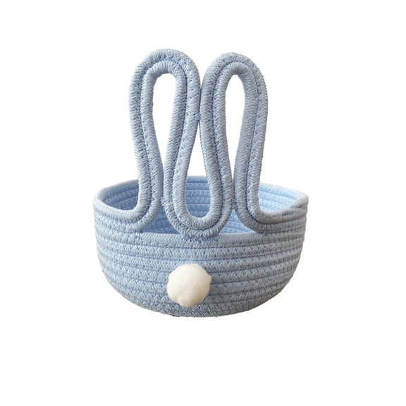 Blue 8 Inch Cotton Rope Bunny Ear Storage Basket With Pom Pom Detail For Cosmetics Snacks Keys Home Organization Easter Decoration Blue Tone