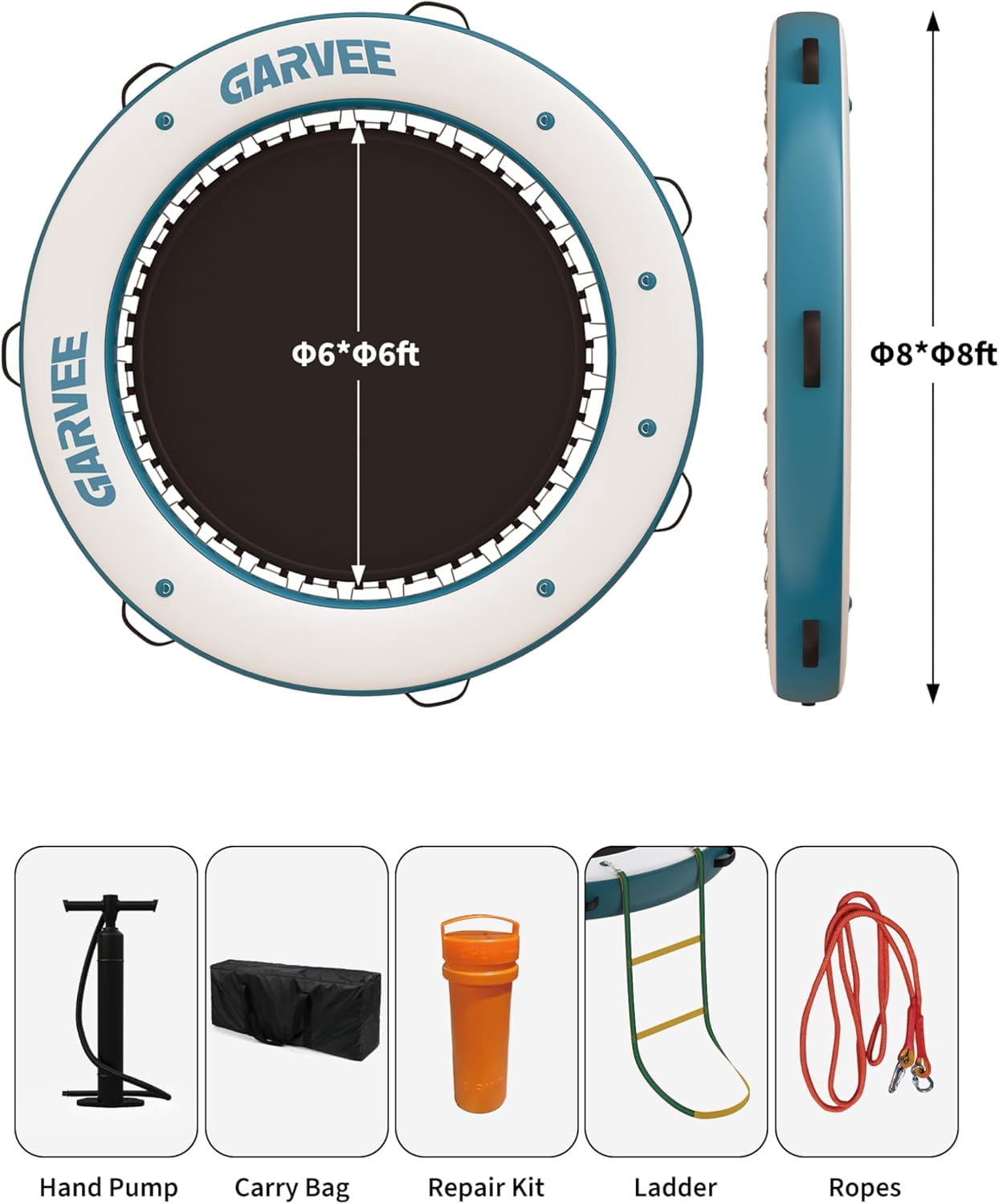 Blue 8 x 8 FT Inflatable Floating Dock – Round Platform with Central Mesh Hammock, Non-Slip EVA Deck, Rope Ladder, Pump & Storage Bag – Safe, Stable Water Raft for Lake, Pool, Ocean & Boats