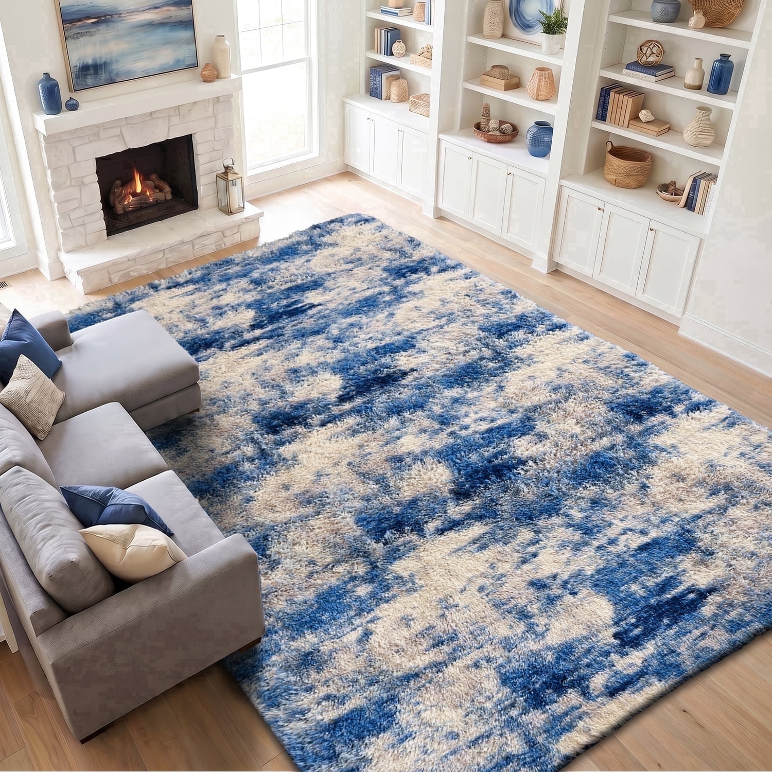 Pentantan 8ft x 10ft Shag Area Rug, Soft Fluffy Rugs for Living Room Bedroom, Modern Tie-dye Home Carpet, Blue