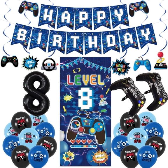 Blue 8th Birthday Decorations for Boys, Video Game Level 8 Banner Backdrop Hanging Swirls for 8th Birthday Party, Gamer 8 Years Old Party Supplies