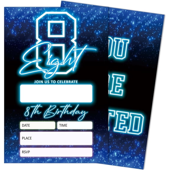 Blue 8th Birthday Party Invitations for Boys, Glow Neon Birthday Invitations, 20 Double Sided Invite Cards with Envelopes for Kids Girls, Party Decorations Supplies, 4"x6"-C08