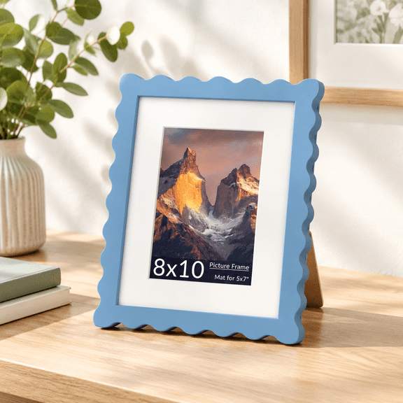 Blue 8x10 Wavy Picture Frame with Tabletop and Wall Mount Display Options