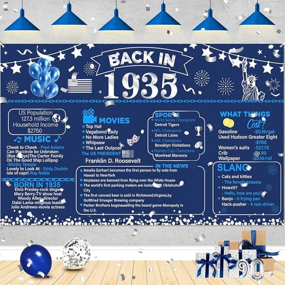 Blue 90th Birthday Banner Decorations, Navy Blue Silver Back in 1935 Vintage Happy 90th Birthday Banner Backdrop for Women Men 1935 Birthday Anniversary Party Poster Supplies Decor Cheers to 90 Years