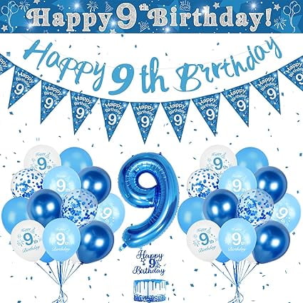 Blue 9th Birthday Balloons & Banner - Number 9 Triangle Flag Confetti for Boy's Party Decoration