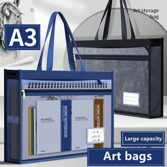 Blue A3 Art Portfolio Bag Simple Mesh Design Large Capacity Drawing Pad Carry Bag for Students & Back to School