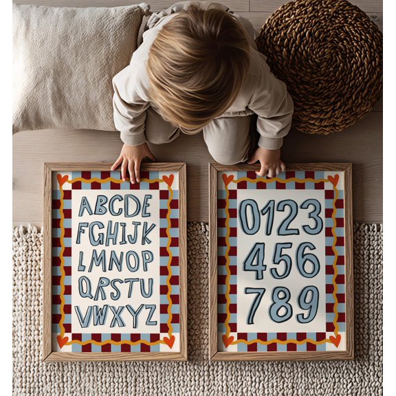 Blue ABC 123 Prints Retro Learning Poster Bundle Kids Room Decor Poster Set 2