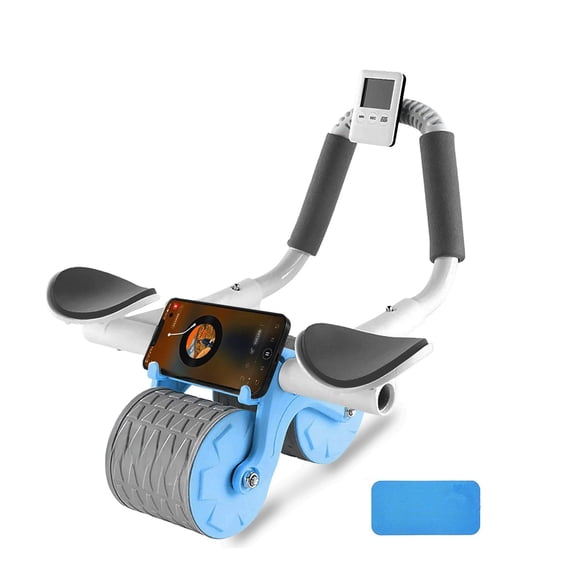 Blue Abdominal Trainer Double Wheel Ab Roller with Mat and Timer for Core Strength Exercise