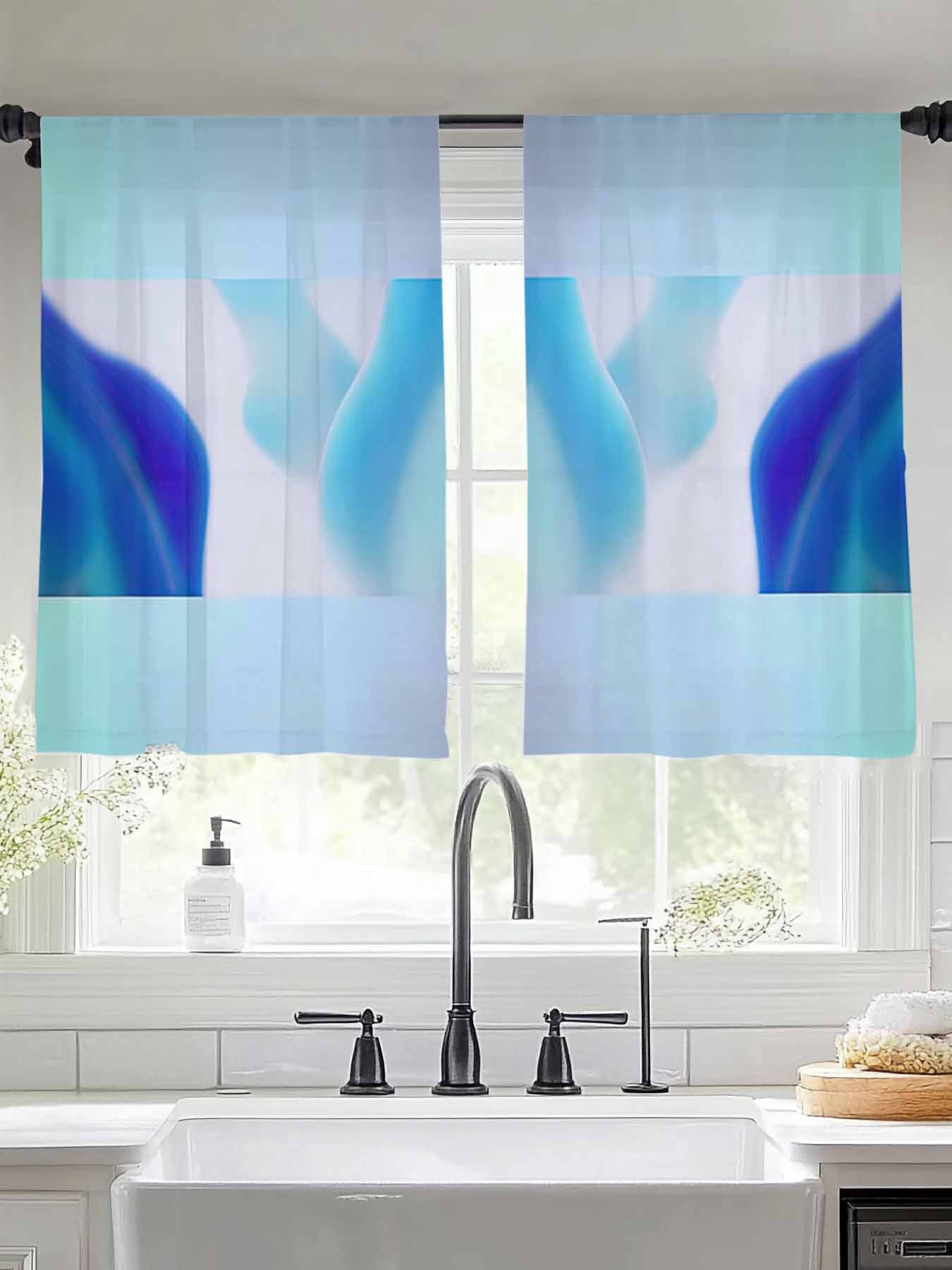 Blue Abstrac Sheer Curtains 45 inches Long 2 Panels Set Tiers Sheers Rod Pocket Small Window Short Curtains for Kitchen Cafe, Each 52" W x 45" L