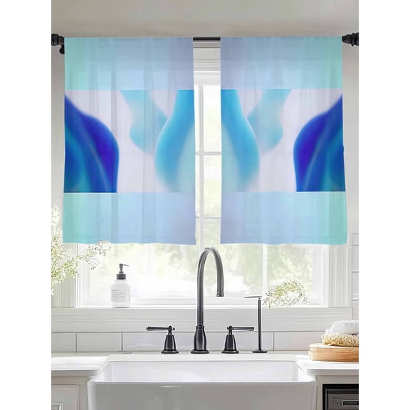 Blue Abstrac Sheer Curtains 45 inches Long 2 Panels Set Tiers Sheers Rod Pocket Small Window Short Curtains for Kitchen Cafe, Each 52" W x 45" L