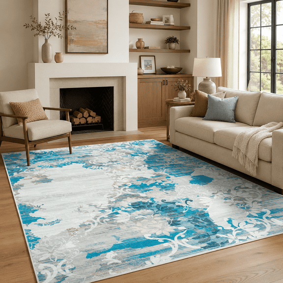 Blue Abstract Area Rug, Soft Low Pile Non Slip Washable Carpet，6‘x9'
