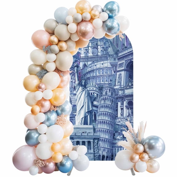 Blue Abstract Art Arch Backdrop Cover 4 FT Classical World-famous Buildings Collage Stretchy Elastic Arch Stand Covers Spandex Arched Background Birthday Wedding Party Decoration (No Stand)