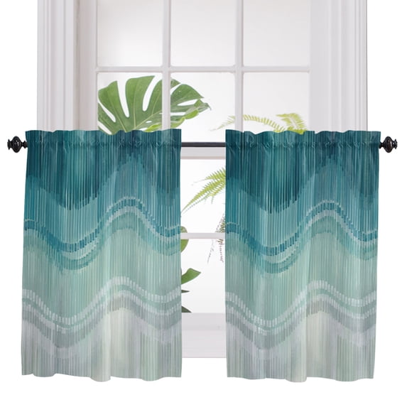 Blue Abstract Art Bathroom Window Curtain, Modern Stripes Moire Light Filtering Coffee Kitchen Curtains, Bedroom Living Room Curtains 2 Panel 84"x45"