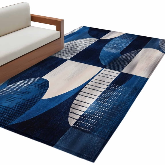 Blue Abstract Art Living Room Rug 4x6 Washable Area Rug for Bedroom, Non-Slip Dining Room Rugs Black Navy Blue Geometric Indoor Carpet for Kitchen Entryway Office Nursery Laundry