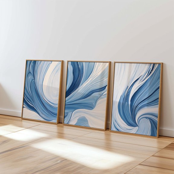 Blue Abstract Art Prints Boho Shapes Swirls Set 3 Unframed Paper Print 8x12