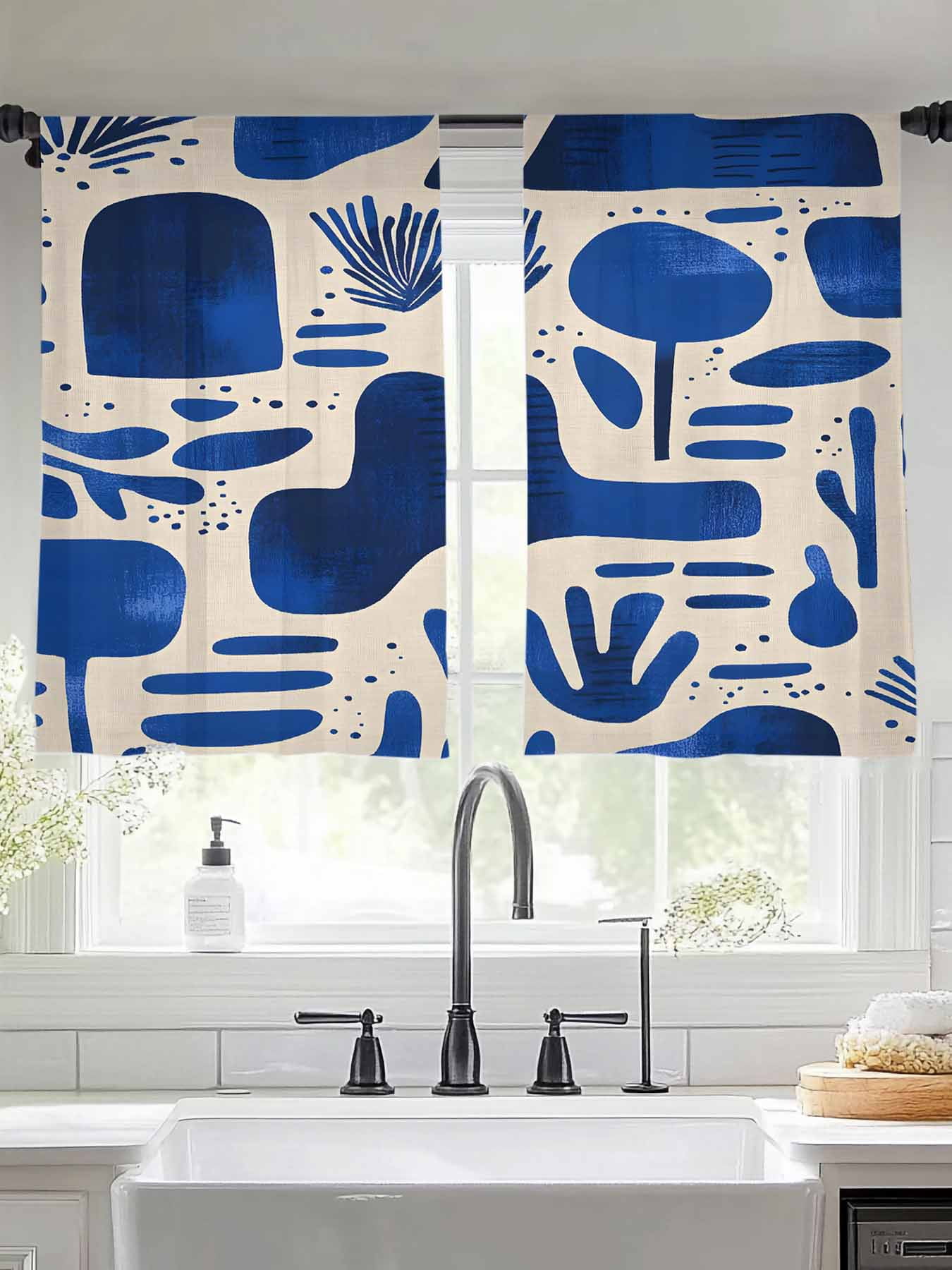 Blue Abstract Art Sheer Curtains for Living Room Bedroom Contemporary
