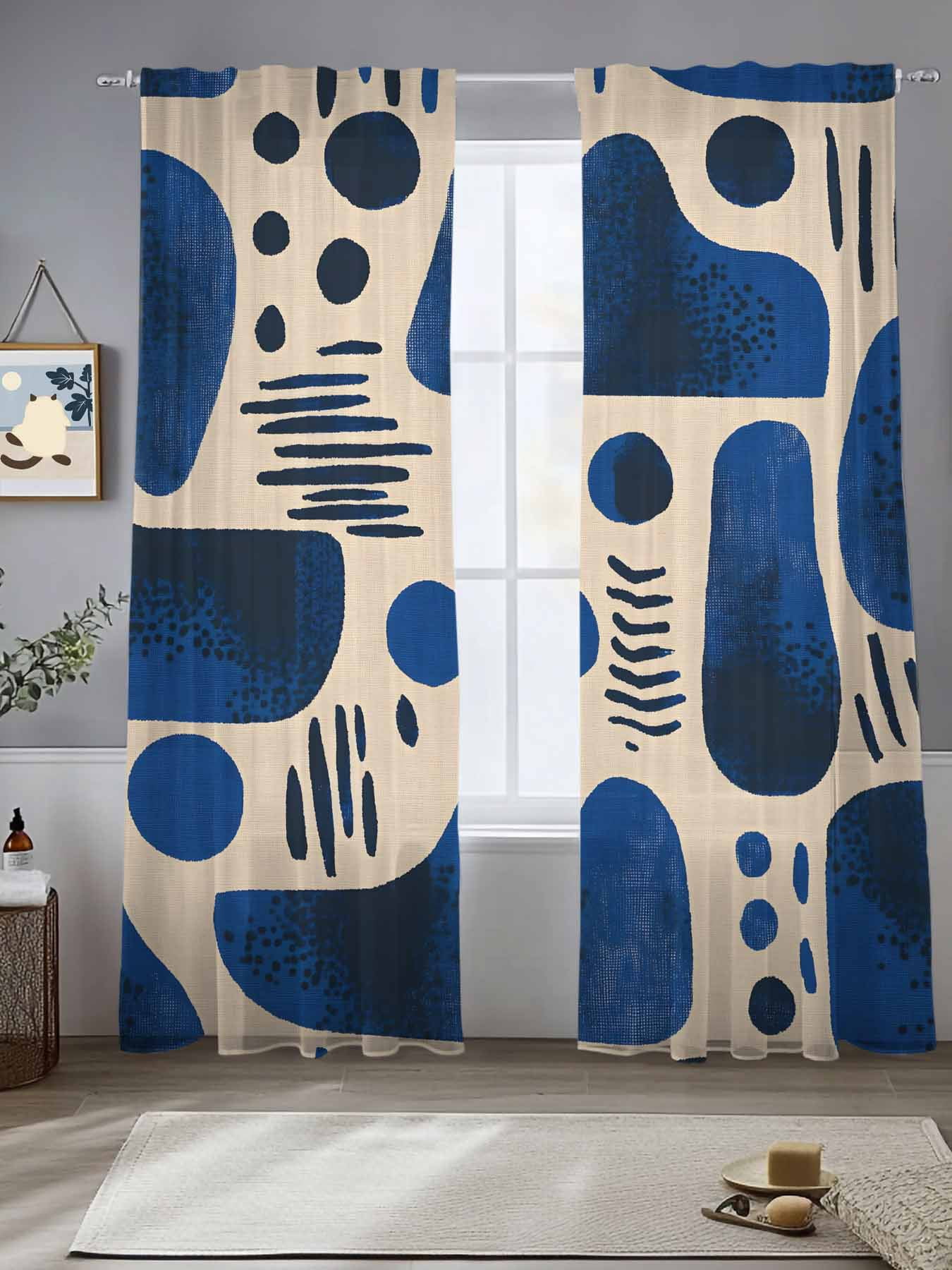 Blue Abstract Art Sheer Curtains for Living Room Bedroom Modern ...