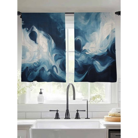 Blue Abstract Art Sheer Curtains for Living Room Bedroom Modern Waves Art Sheer Curtains 45 Inch Long 2 Panels Set Light Filtering Curtain Window Treatments Drapes for Dining Room