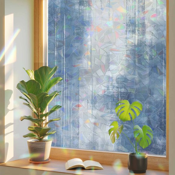 Blue Abstract Artwork Window Privacy Film, Rainbow Film Decorative Window Sticker 17.7x39.3in, Modern Gradient Paint Art Sun Blocking Static Stained Glass Cling Tint Non-Adhesive