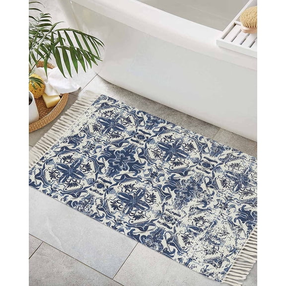 Blue Abstract,Bath Rug 2x3ft Woven Bathroom Entryway Runner Rug,Traditional Geometric Native Printing Washable Living Room Hallway Bedroom Kitchen Carpet with Tassels,Indoor Outdoor Throw Doormat