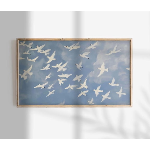 Blue Abstract Bird Wall Art Print, Coastal Japandi Summer Decor