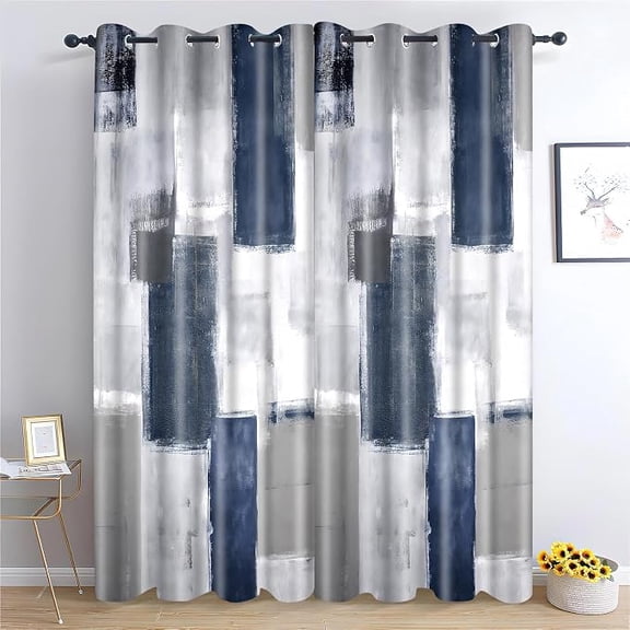 Blue Abstract Blackout Curtains for Living Room Black White Gray Navy Blue Oil Art Painting Curtain Modern Geometric Room Darkening Drapes for Bedroom 26"W x 45"L (Pack of 2)