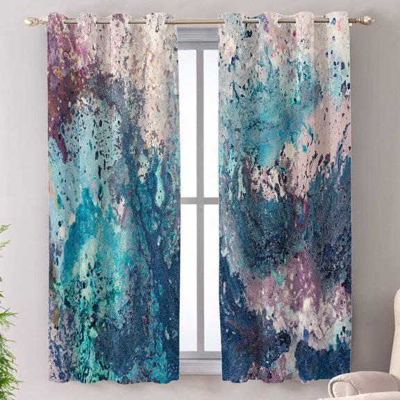 Blue Abstract Blackout Window Curtains, Painting Thermal Insulated Curtains Grommet Top Window Drapes for Living Room, Bedroom 26"W x 45"L (Pack of 2)