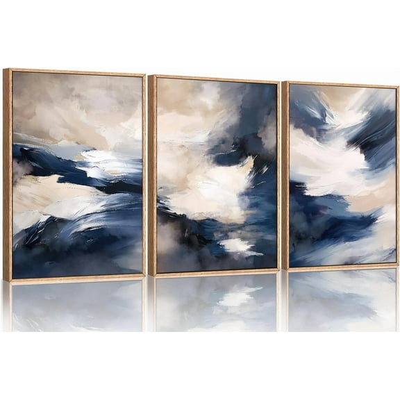 Blue Abstract Brush Stroke Framed Wall Art, Modern Minimalist Color Block Canvas Wall Decor, Earth Tone Shape Wall Painting, Beige Neutral Art Print for Living Room, Bedroom, Office - 16"x24"x3