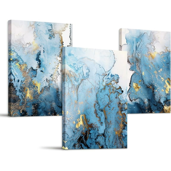 Blue Abstract Canvas Wall Art for Living Room, Navy and Gold Fluid Marble Wall Decor for Bedroom, Bathroom, Office, Home Decor, Set of 3 Print Painting, 12"X16"