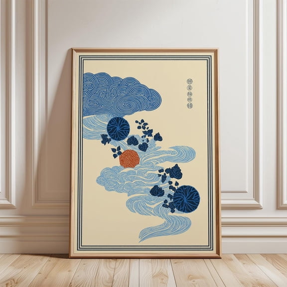 Blue Abstract Cloud Japanese Inspired Sky Illustration Graphic Nature, Unframed Canvas 16x20in