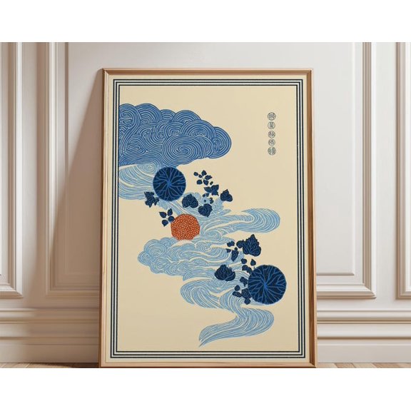 Blue Abstract Cloud Japanese Inspired Sky Illustration Graphic Nature Wall Art, Unframed Paper Poster 8x10in
