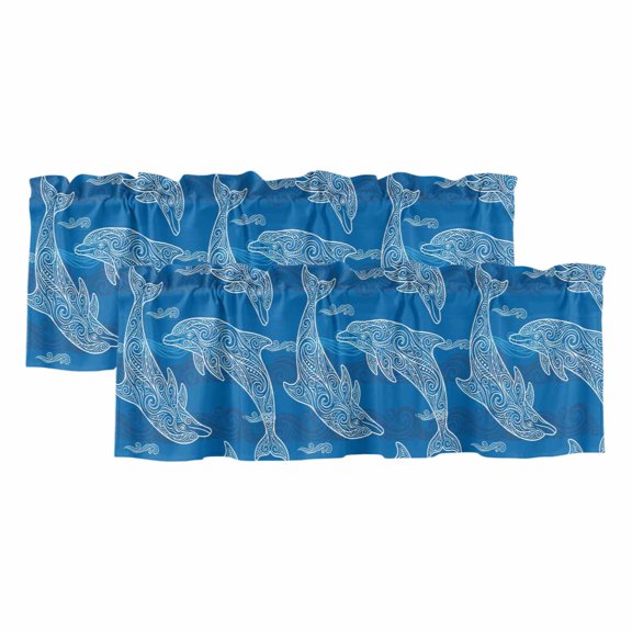 Blue Abstract Dolphin 2 Panels Kitchen Valance, Curves Ocean Waves Ethnic Style Curtains Valances for Small Windows Rod Pocket Window Treatments for Living Room Bedroom 42" W x 12" L