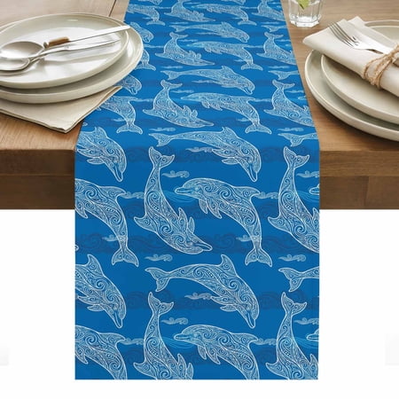 Blue Abstract Dolphin Cotton Linen Table Runner Curves Ocean Waves Ethnic Style Dining Table Runners for Home Decor Party Dining Room Restaurant Kitchen Party 13" x 48"