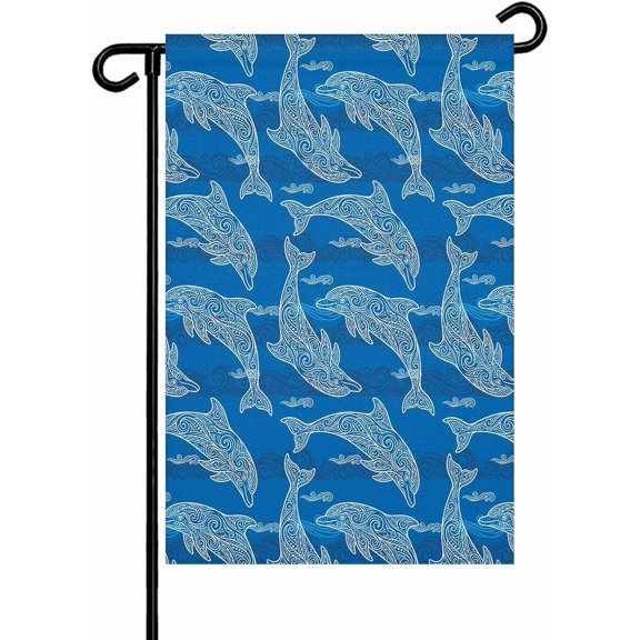 Blue Abstract Dolphin Garden Flag 12x18 Inch Curves Ocean Waves Ethnic Style Double Sided Yard Flags for Outdoor Decoration Welcome Flag Outside Holiday Home Garden Porch lawn Patio Sign