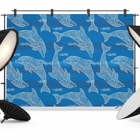 Blue Abstract Dolphin Photography Backdrop 12x8FT, Curves Ocean Waves Ethnic Style Photo Backdrops, Background for Photography Studio Photo Studio Background, Back Drop for Photoshoot