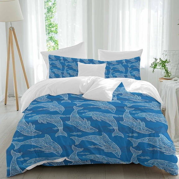 Blue Abstract Dolphin Queen Size Comforter Set, Curves Ocean Waves Ethnic Style Bedding for All Seasons, 4 Pcs Bed Set, 1Quiltcover (90"x92") ,1Sheet(94"x116"), 2Pillowcases (30"x20")
