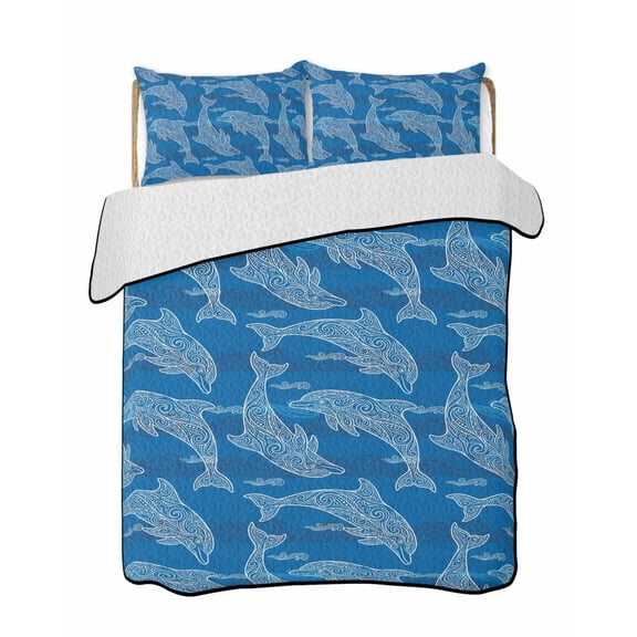 Blue Abstract Dolphin Quilts Bedding Set California King Curves Ocean Waves Ethnic Style Lightweight Quilted Bedspread 3 Piece Bed Quilt with 2 Pillow Shams All Season for Bedroom 96" x 106"