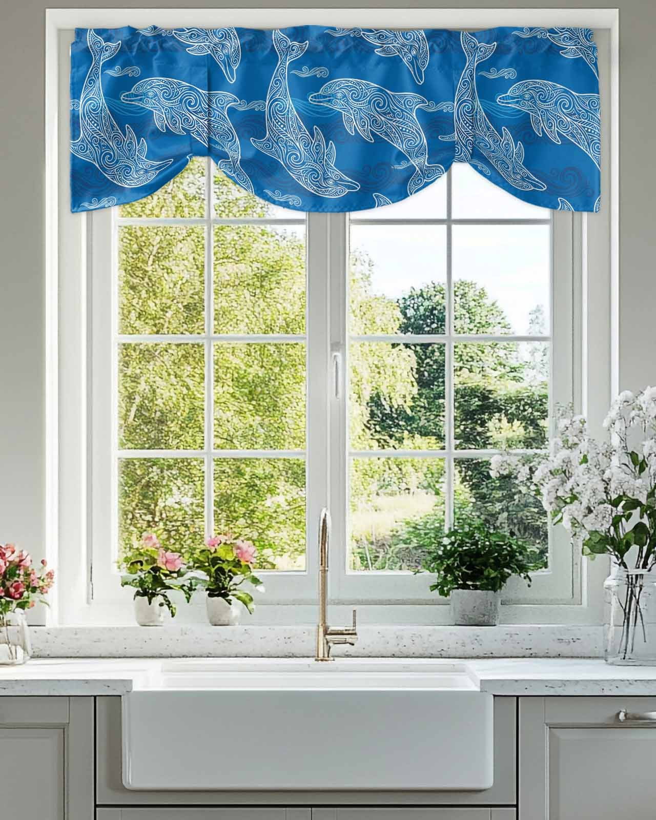 Blue Abstract Dolphin Tie Up Valances Curtain, Adjustable Kitchen ...