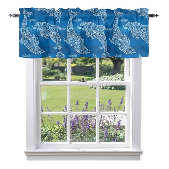Blue Abstract Dolphin Valance Curtain for Windows Curves Ocean Waves Ethnic Style Rod Pocket Curtain Valances Short Window Treatments Panels for Kitchen Bathroom Laundry Room Basement 60 x 18 Inch