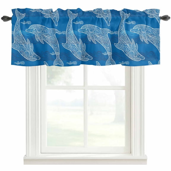 Blue Abstract Dolphin Valances for Windows Curves Ocean Waves Ethnic Style Rod Pocket Curtain Valance Window Treatment Short Curtains for Kitchen Living Room, 42"x12"