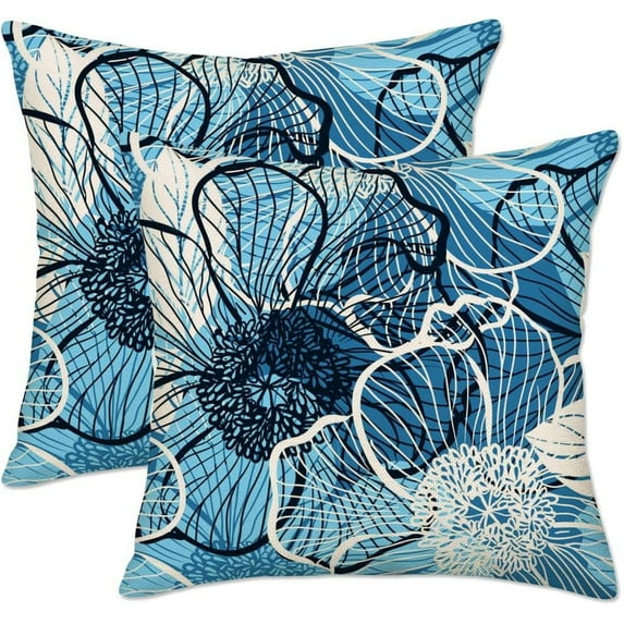 Blue Abstract Floral Pillow Covers 16x16 Inch Set of 2, Black White Blue Geometric Line Flowers Home Decor Pillowcase for Couch Sofa Living Room Porch Patio Outdoor