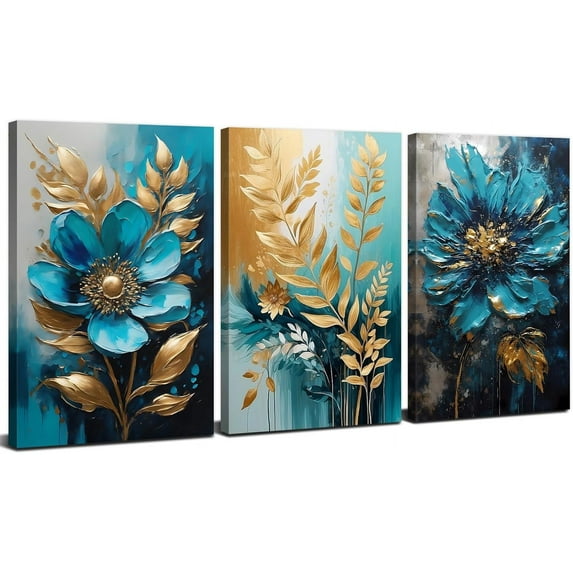 Blue Abstract Flower Wall Art Glod Plant Texture Painting Living Room Canvas Prints Boho Floral Picture Contemporary Aesthetic Botanical Artwork Modern Bedroom Bathroom Home Decorations 12x16" 3P