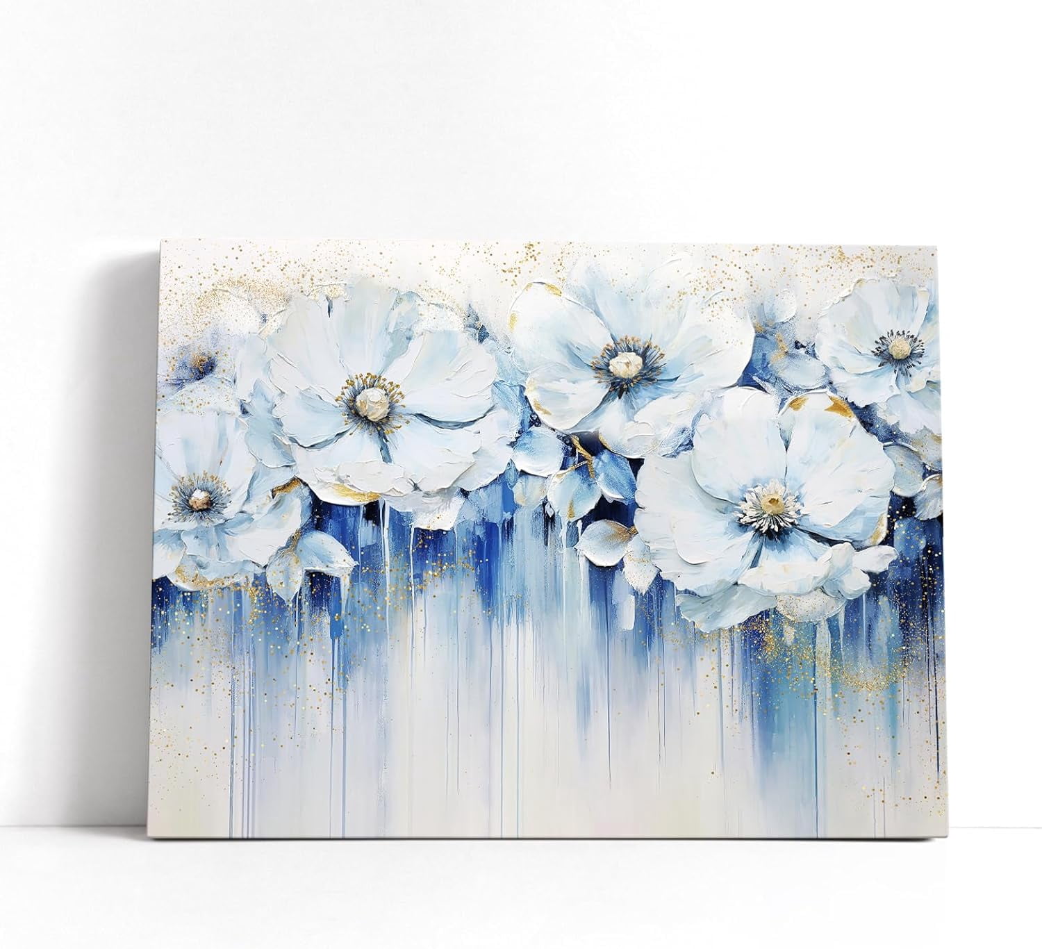Blue Abstract Flower Wall Art White Floral Canvas Print with Gold Decor ...
