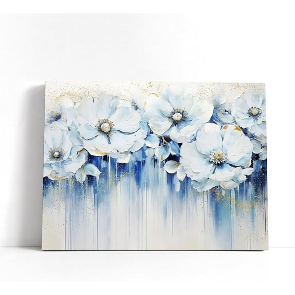 Blue Abstract Flower Wall Art White Floral Canvas Print with Gold Decor Flower Paintings Pictures Wall Decor Modern Home Decor Framed Artwork for Blue Bathroom Bedroom 12X16 Inch