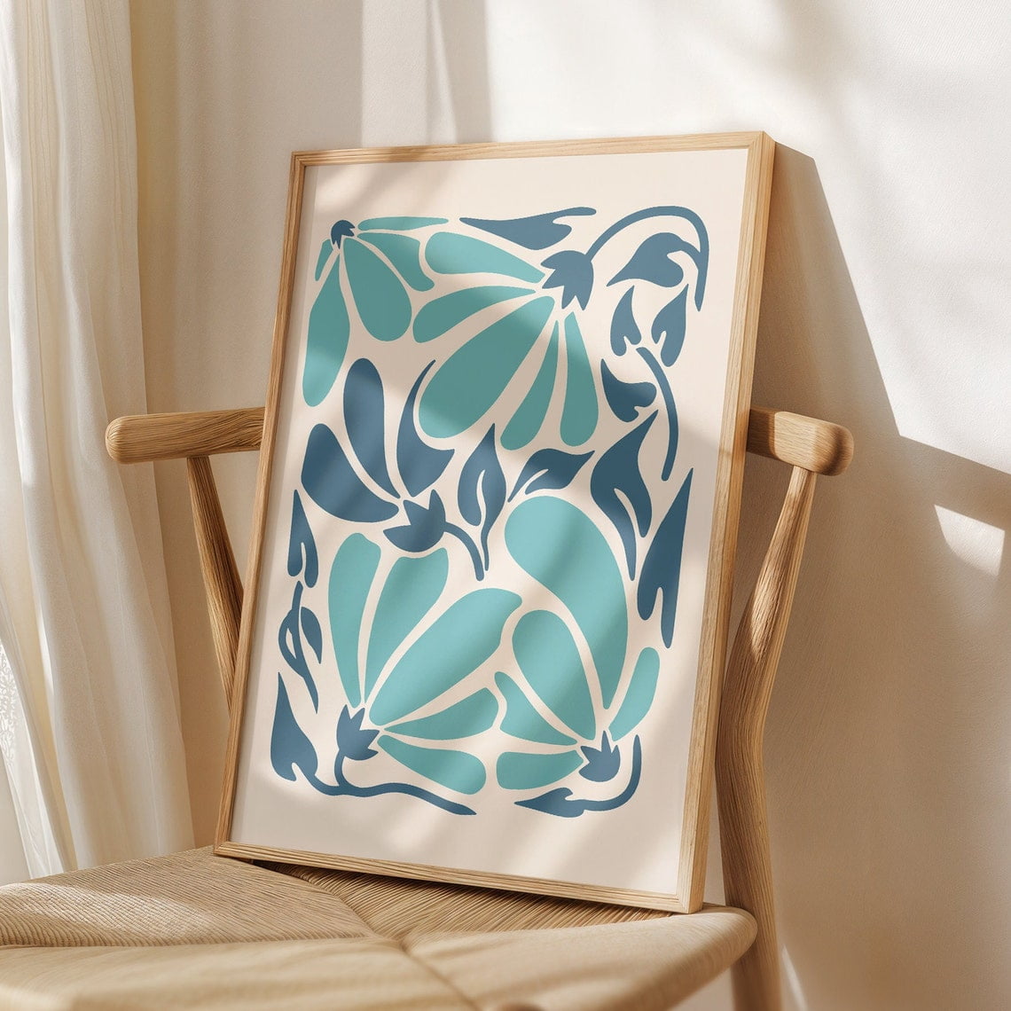 Blue Abstract Flowers Wall Art Print, Boho Flower Market Decor ...