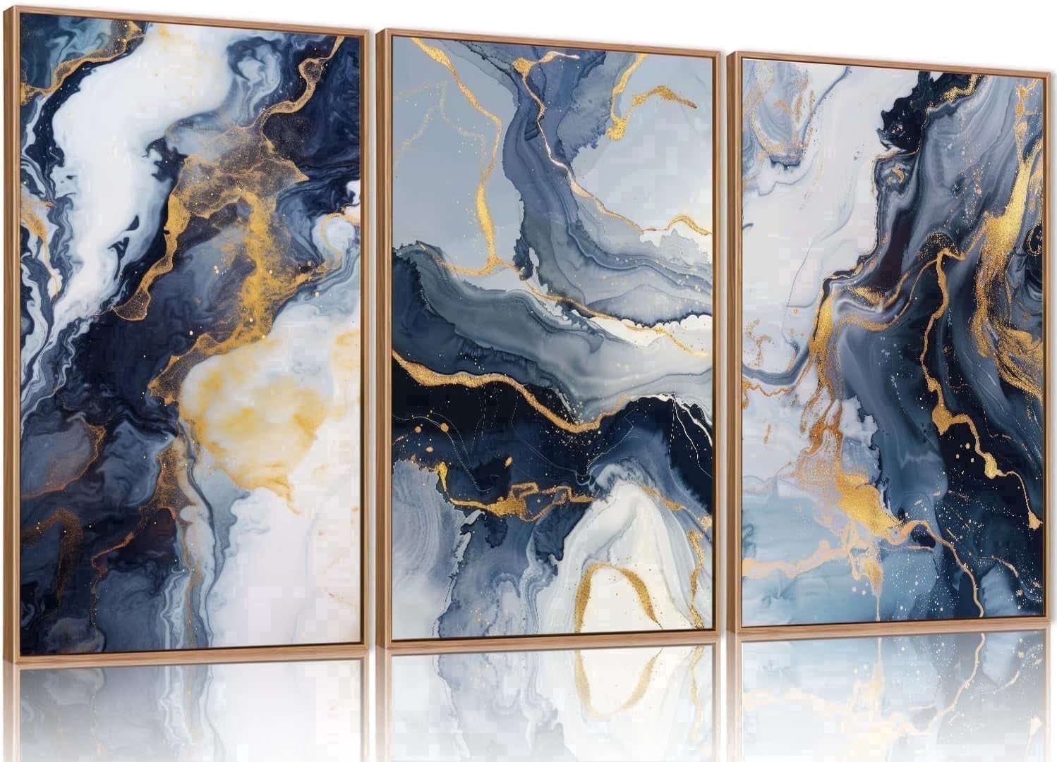 Blue Abstract Framed Canvas Wall Art Set, Blue Golden Aesthetic Wall Decor, Navy Blue Gold Wall Painting, Neutral Modern Art Print for Living Room, Bedroom, Dining Room, Office 16"x24"x3