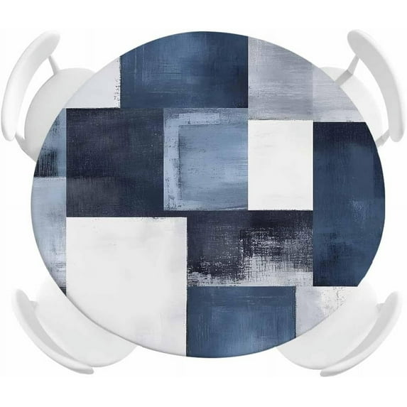 Blue Abstract Geometric Round Fitted Tablecloth with Elastic Edged, Patchwork Modern Art Waterproof Oil Proof Table Cover for Dinner Outdoor Picnic Wedding Party - Fits 36" - 44" Round Tables